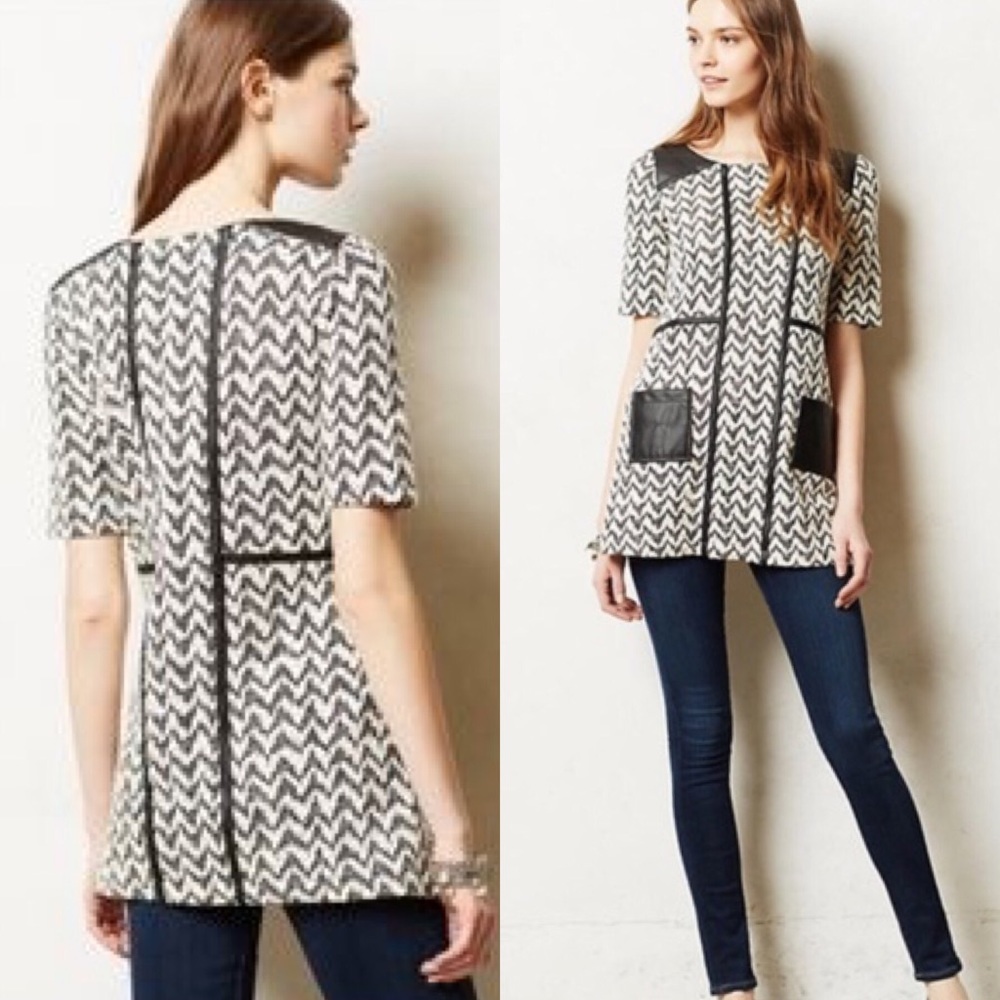 Anthropologie Black and White Zigzag Tunic with Faux Leather Trim